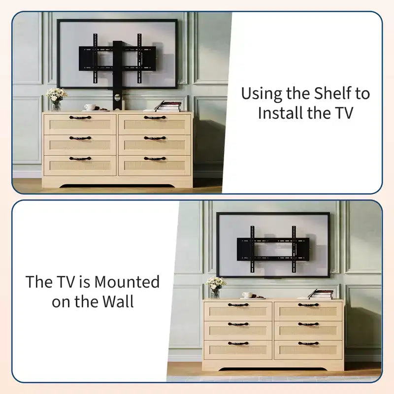Meuble TV avec support, meuble de divertissement moderne de 120 cm, commode en rotin à 6 tiroirs pour téléviseurs de 32 à 85 pouces, table de console multimédia avec rangement pour salon