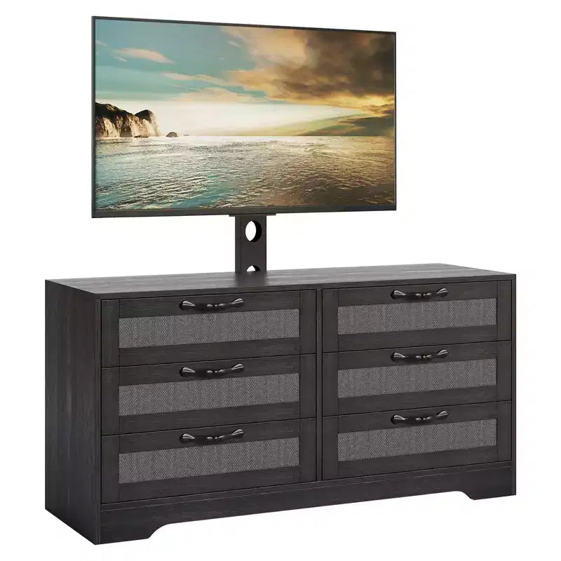 Meuble TV avec support, meuble de divertissement moderne de 120 cm, commode en rotin à 6 tiroirs pour téléviseurs de 32 à 85 pouces, table de console multimédia avec rangement pour salon
