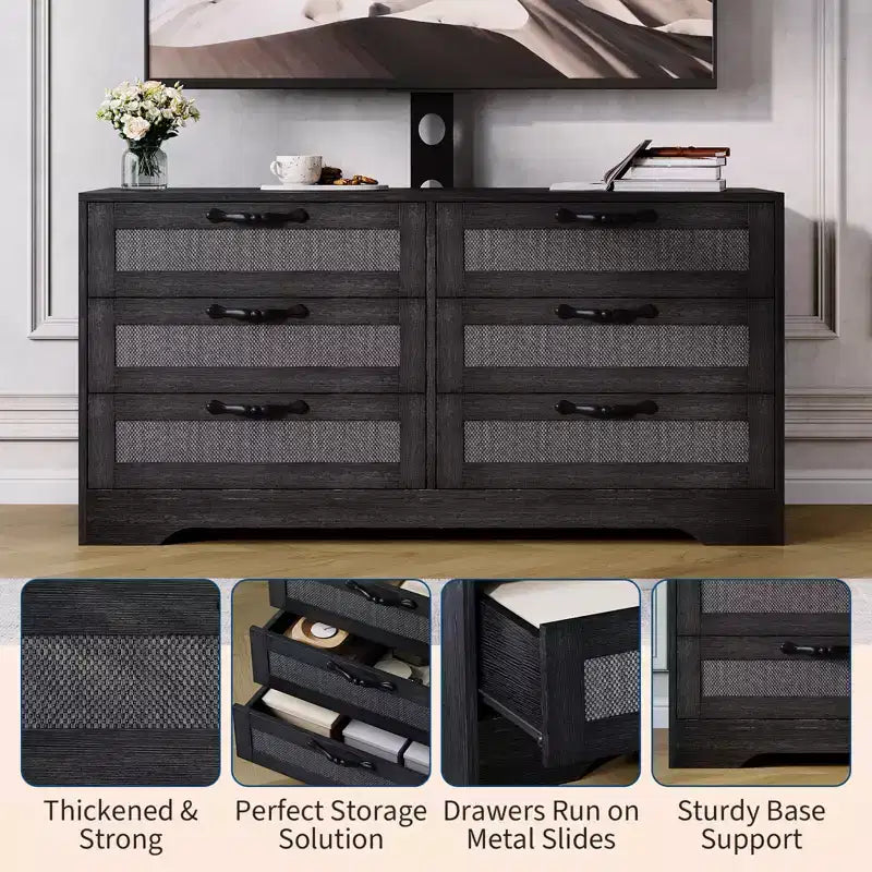 Meuble TV avec support, meuble de divertissement moderne de 120 cm, commode en rotin à 6 tiroirs pour téléviseurs de 32 à 85 pouces, table de console multimédia avec rangement pour salon