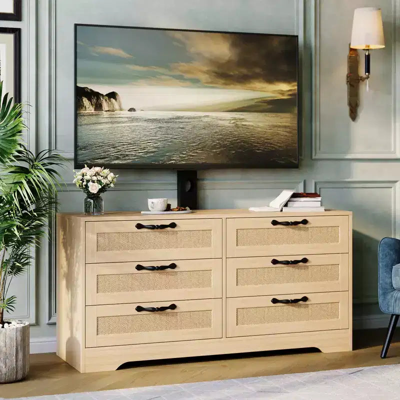 Meuble TV avec support, meuble de divertissement moderne de 120 cm, commode en rotin à 6 tiroirs pour téléviseurs de 32 à 85 pouces, table de console multimédia avec rangement pour salon