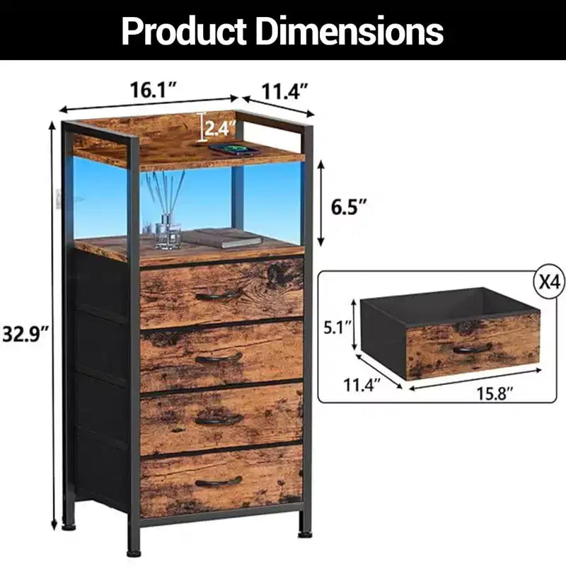 Table de chevet avec 4 tiroirs en tissu et étagère ouverte - Table de nuit multifonctionnelle pour chambre, salon et bureau