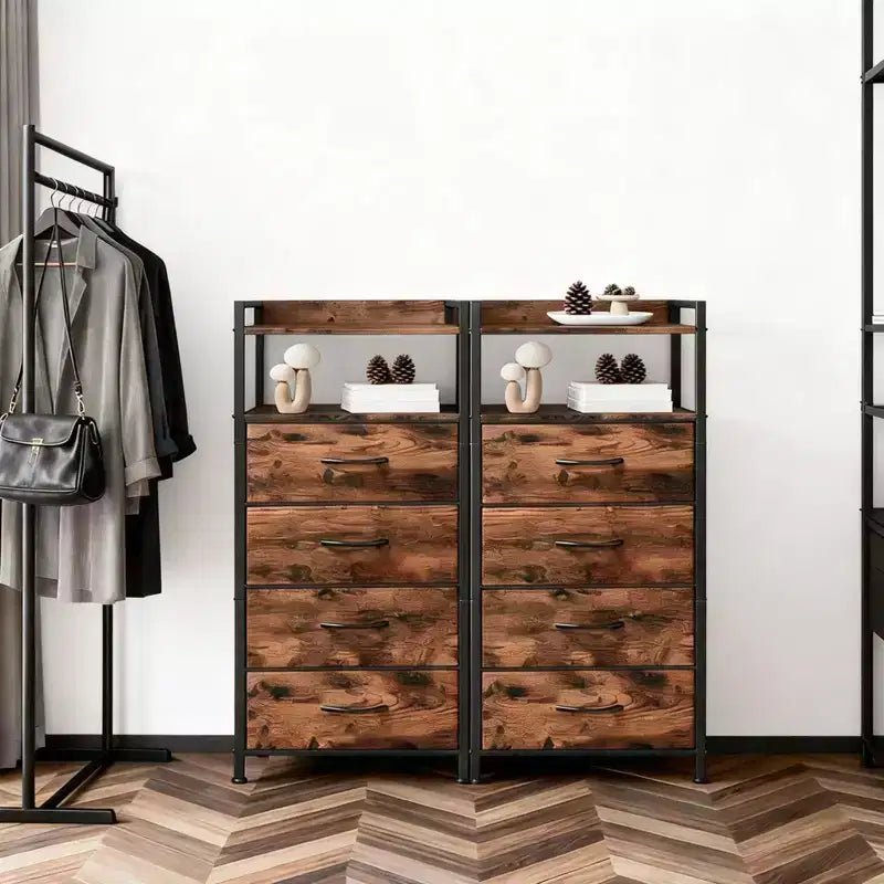 Table de chevet avec 4 tiroirs en tissu et étagère ouverte - Table de nuit multifonctionnelle pour chambre, salon et bureau