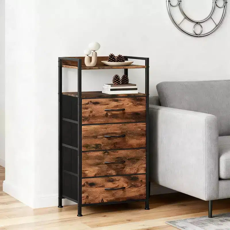 Table de chevet avec 4 tiroirs en tissu et étagère ouverte - Table de nuit multifonctionnelle pour chambre, salon et bureau