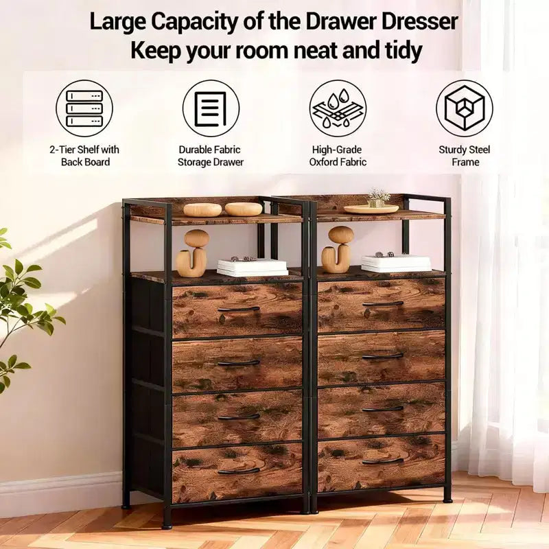 Table de chevet avec 4 tiroirs en tissu et étagère ouverte - Table de nuit multifonctionnelle pour chambre, salon et bureau