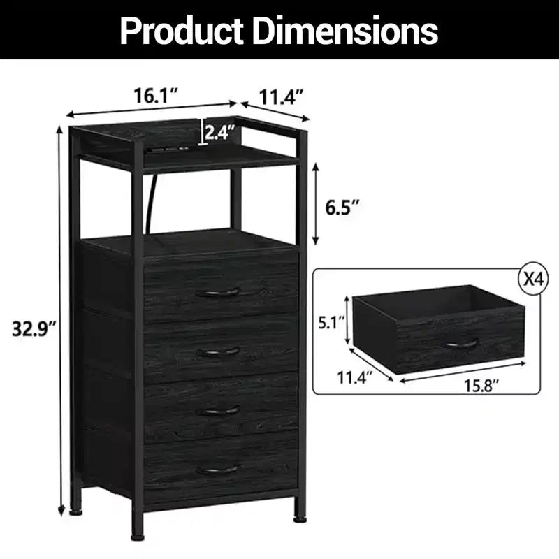 Table de chevet avec 4 tiroirs en tissu et étagère ouverte - Table de nuit multifonctionnelle pour chambre, salon et bureau