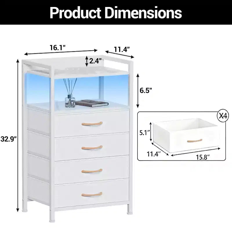 Table de chevet avec 4 tiroirs en tissu et étagère ouverte - Table de nuit multifonctionnelle pour chambre, salon et bureau
