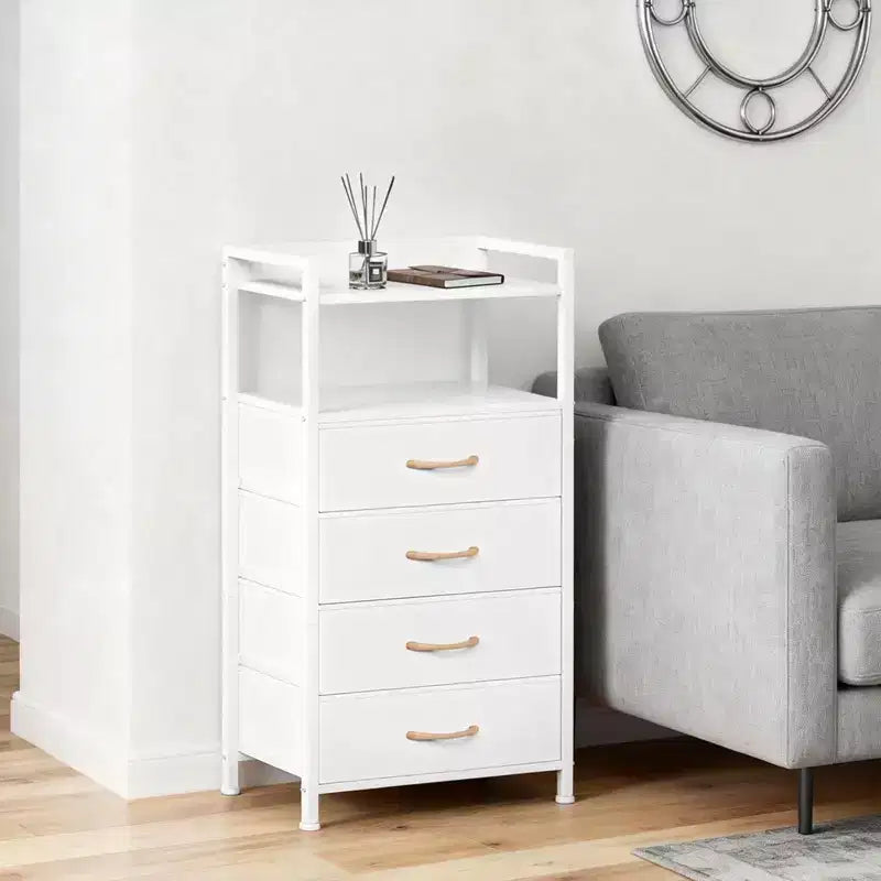 Table de chevet avec 4 tiroirs en tissu et étagère ouverte - Table de nuit multifonctionnelle pour chambre, salon et bureau