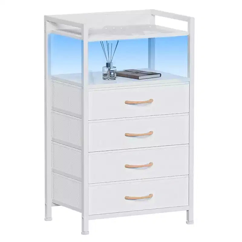 Table de chevet avec 4 tiroirs en tissu et étagère ouverte - Table de nuit multifonctionnelle pour chambre, salon et bureau