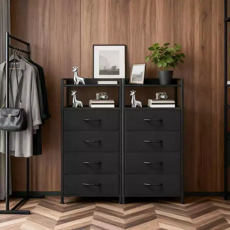 Table de chevet avec 4 tiroirs en tissu et étagère ouverte - Table de nuit multifonctionnelle pour chambre, salon et bureau