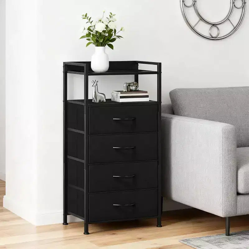 Table de chevet avec 4 tiroirs en tissu et étagère ouverte - Table de nuit multifonctionnelle pour chambre, salon et bureau