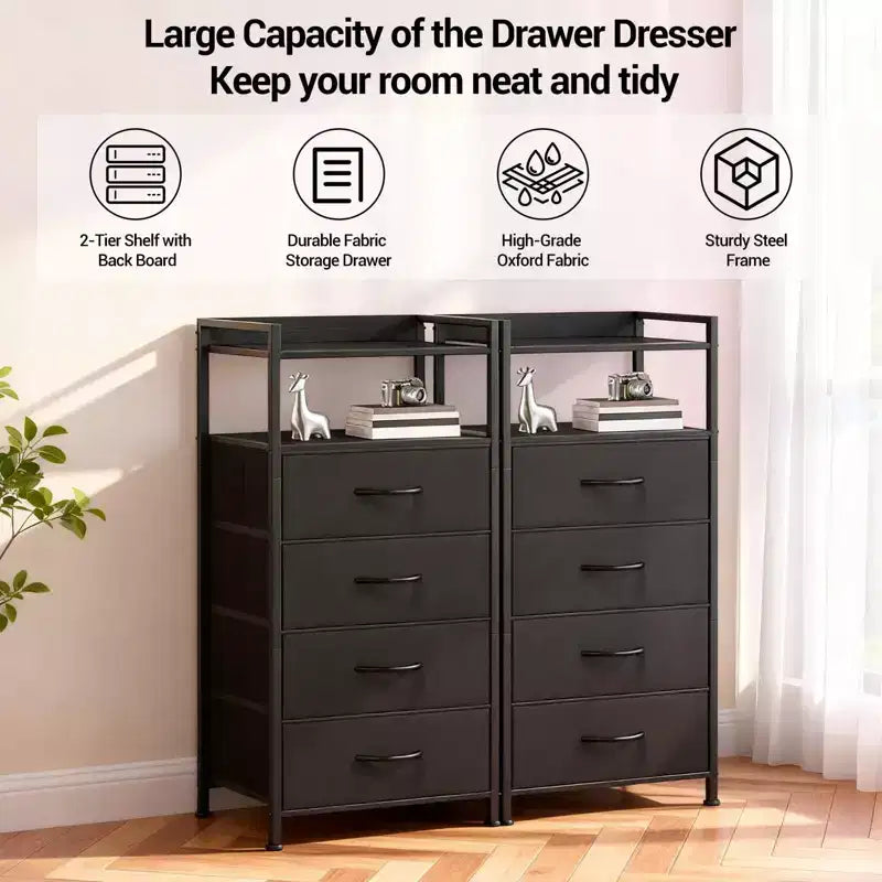 Table de chevet avec 4 tiroirs en tissu et étagère ouverte - Table de nuit multifonctionnelle pour chambre, salon et bureau