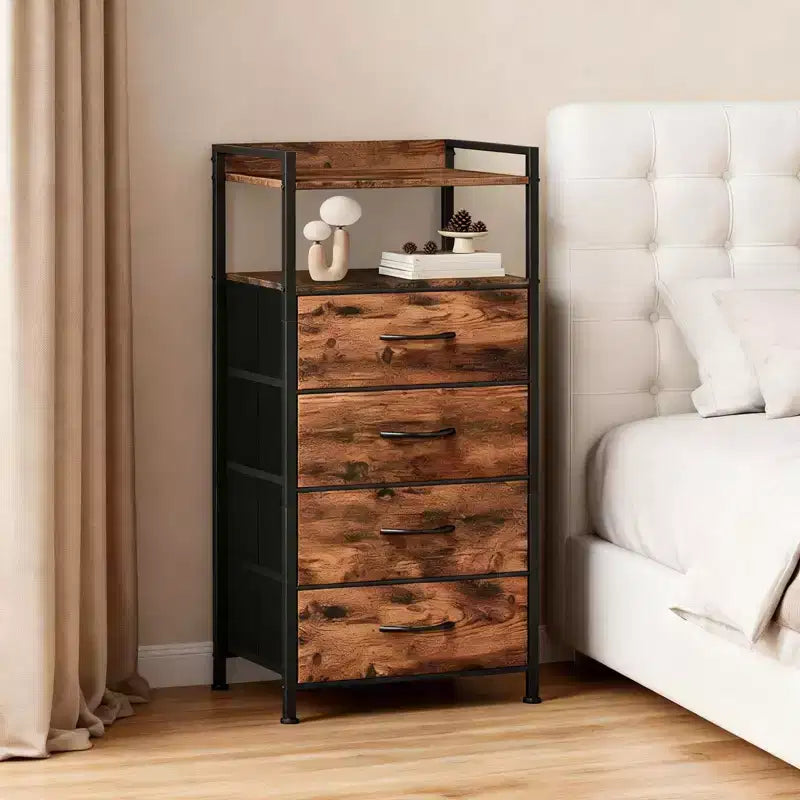 Table de chevet avec 4 tiroirs en tissu et étagère ouverte - Table de nuit multifonctionnelle pour chambre, salon et bureau