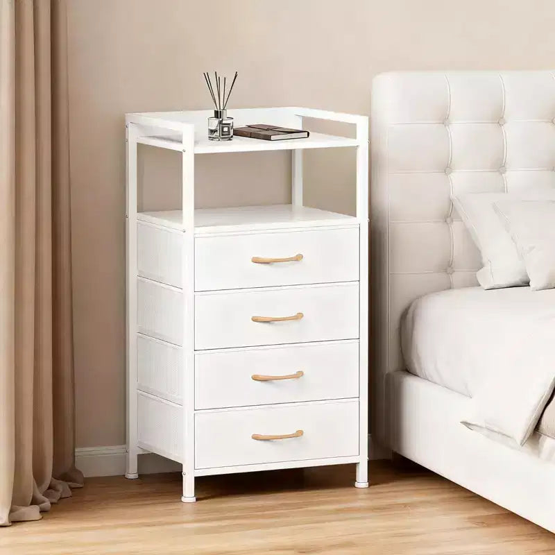 Table de chevet avec 4 tiroirs en tissu et étagère ouverte - Table de nuit multifonctionnelle pour chambre, salon et bureau