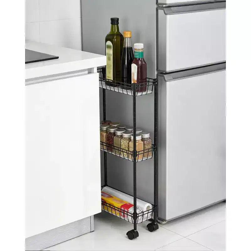 Chariot de rangement fin à 3 niveaux, chariot utilitaire en métal avec roulettes, étagère de rangement réglable avec panier pour cuisine, salle de bain, buanderie, coin étroit