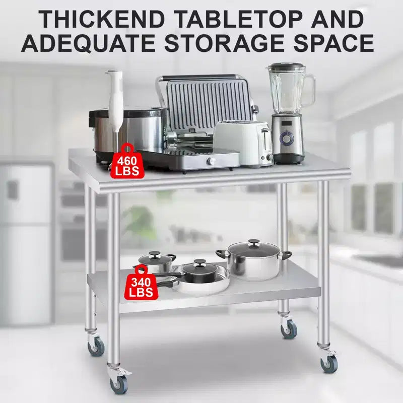 Table de préparation en acier inoxydable avec crédence, étagère inférieure réglable et 4 roulettes, table commerciale robuste avec étagère inférieure réglable