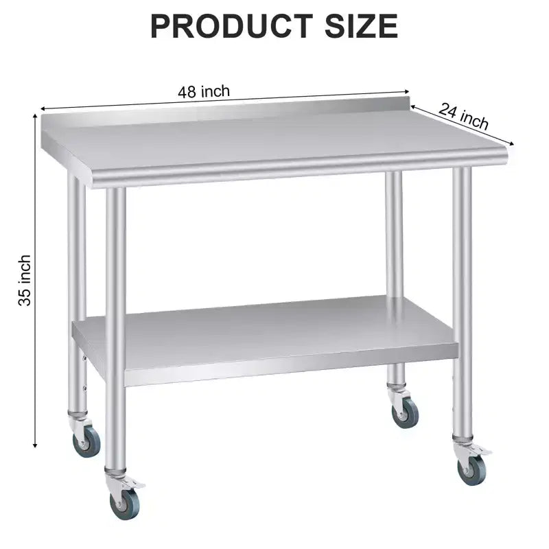 Table de préparation en acier inoxydable avec crédence, étagère inférieure réglable et 4 roulettes, table commerciale robuste avec étagère inférieure réglable