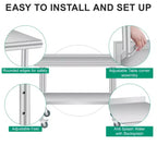 Table de préparation en acier inoxydable avec crédence, étagère inférieure réglable et 4 roulettes, table commerciale robuste avec étagère inférieure réglable