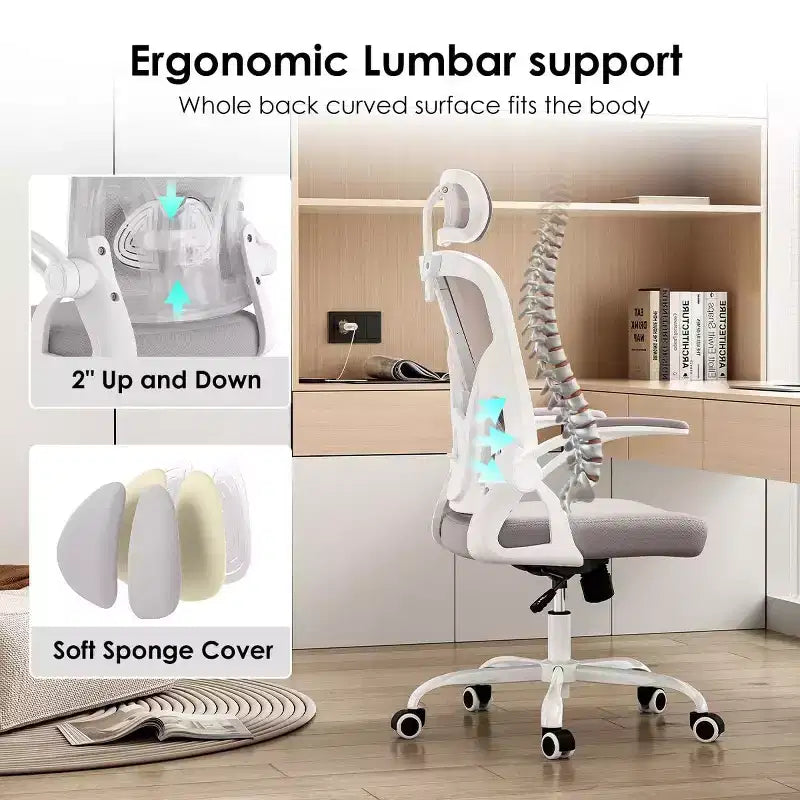 Chaise de bureau ergonomique TUYOHW, chaise pivotante d'ordinateur avec support lombaire réglable, accoudoirs relevables, appui-tête et dossier en maille pour la maison, la chambre à coucher