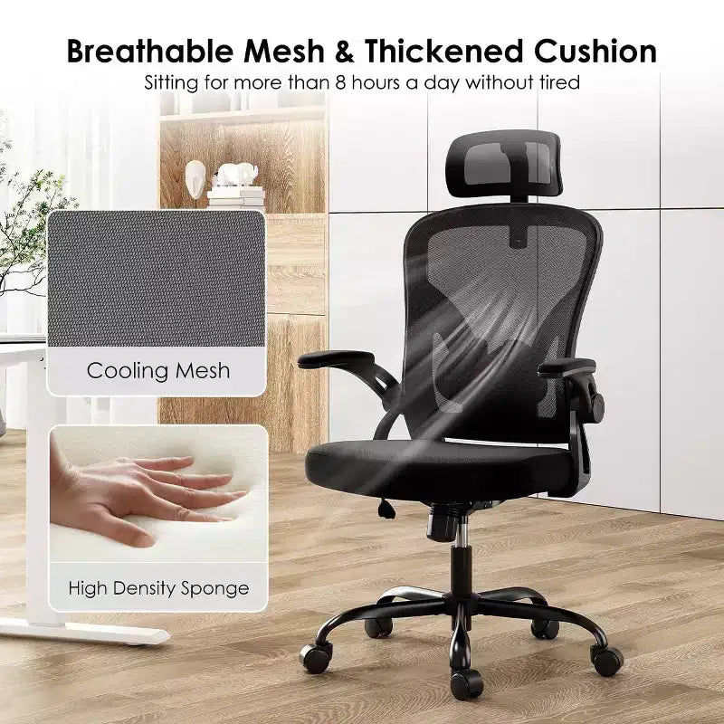 Chaise de bureau ergonomique TUYOHW, chaise pivotante d'ordinateur avec support lombaire réglable, accoudoirs relevables, appui-tête et dossier en maille pour la maison, la chambre à coucher