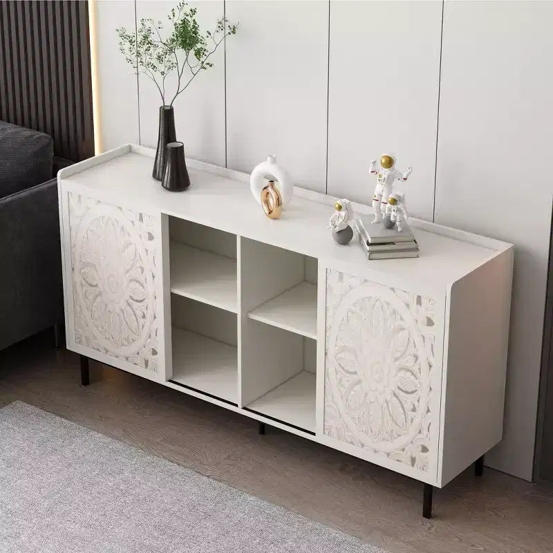 Meuble de Rangement Buffet, Cabinet de Rangement Rétro à 2 Portes, Buffet de Ferme Sculpté avec Porte Coulissante à Pousser-Tirer