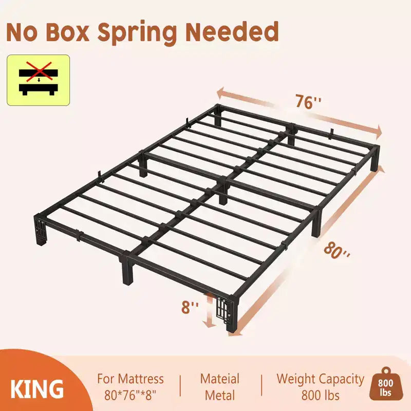 Cadre de lit métallique King Size 8 pouces, plateforme profil bas avec base de matelas robuste, montage facile sans bruit, pas besoin de sommier.