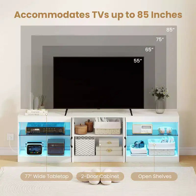 Meuble TV Costway avec prises de courant, lumières LED réglables et placard de rangement pour téléviseurs jusqu'à 85 pouces, noir/blanc