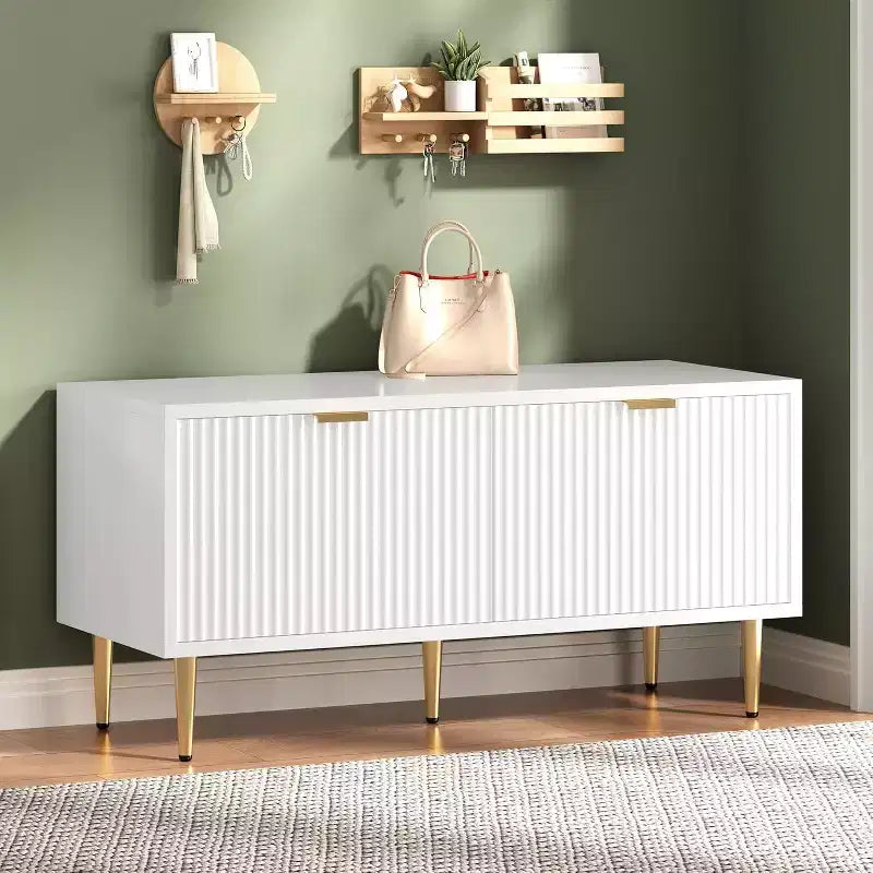 Meuble à chaussures, banc d'entrée cannelé à 2 portes, banc de rangement à chaussures pour couloir, salon, chambre à coucher