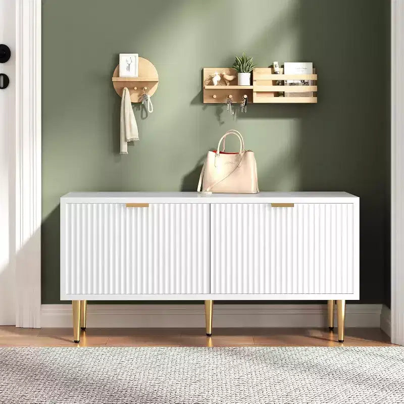 Meuble à chaussures, banc d'entrée cannelé à 2 portes, banc de rangement à chaussures pour couloir, salon, chambre à coucher