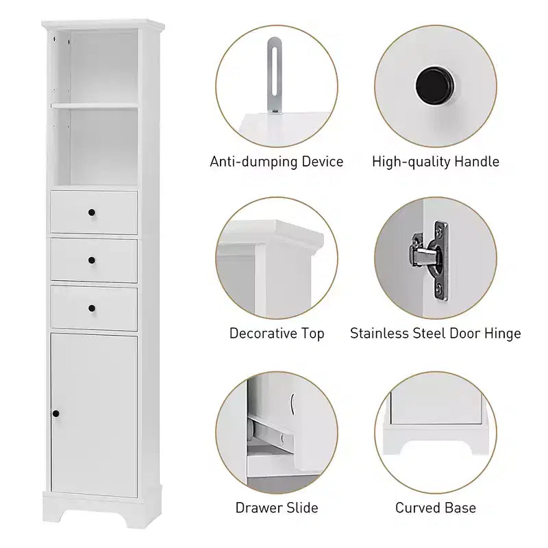 Meuble de rangement autoportant, armoire de sol en MDF avec 3 tiroirs, 2 étagères ouvertes et 1 porte pour salle de bain, cuisine, salon