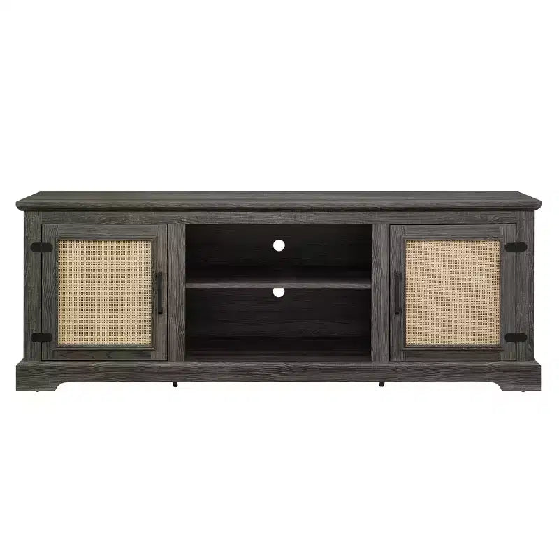 Meuble TV de ferme, pour écrans jusqu'à 70 pouces, meuble de divertissement en bois avec 2 étagères ouvertes et 2 portes en rotin, table console pour salon