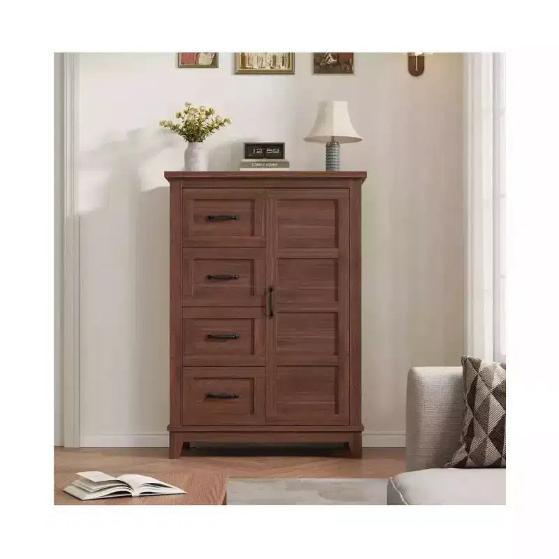 Commode de 45,7 po avec 4 tiroirs et une porte, armoire de rangement verticale autoportante pour chambre à coucher, noyer