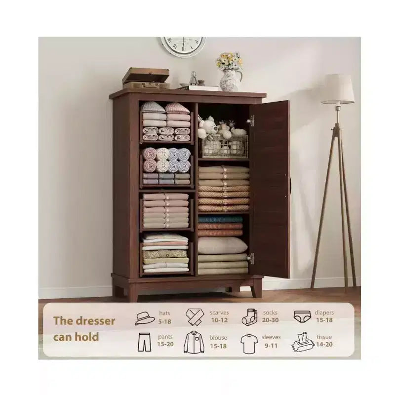 Commode de 45,7 po avec 4 tiroirs et une porte, armoire de rangement verticale autoportante pour chambre à coucher, noyer