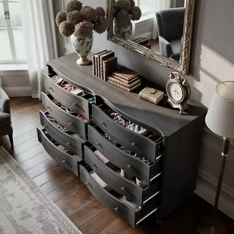 Homsee Black/Light Oak Curved-Front Vintage Dresser with 8 Drawers Luxury Bedroom Storage Dresser with Bronze Knobs Dressing Vanity Table