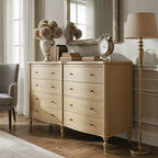 Commode vintage Homsee noire/chêne clair à façade incurvée avec 8 tiroirs, commode de chambre de luxe avec boutons en bronze, table de toilette