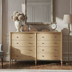 Commode vintage Homsee noire/chêne clair à façade incurvée avec 8 tiroirs, commode de chambre de luxe avec boutons en bronze, table de toilette