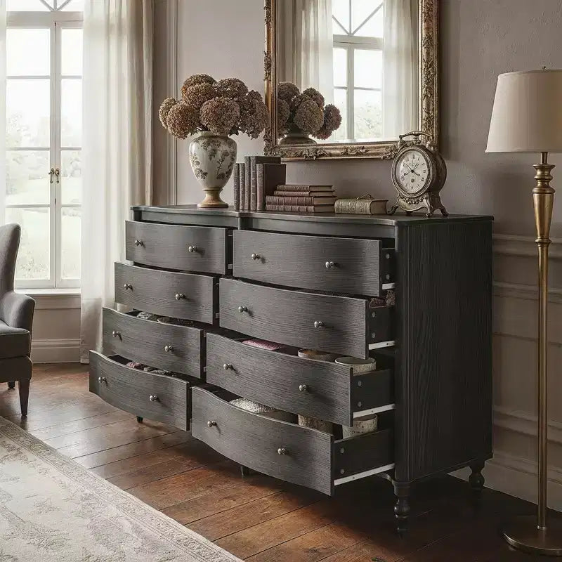 Commode vintage Homsee noire/chêne clair à façade incurvée avec 8 tiroirs, commode de chambre de luxe avec boutons en bronze, table de toilette