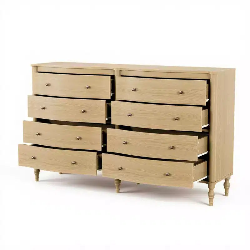 Commode vintage Homsee noire/chêne clair à façade incurvée avec 8 tiroirs, commode de chambre de luxe avec boutons en bronze, table de toilette