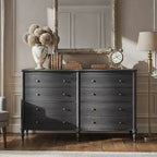 Commode vintage Homsee noire/chêne clair à façade incurvée avec 8 tiroirs, commode de chambre de luxe avec boutons en bronze, table de toilette