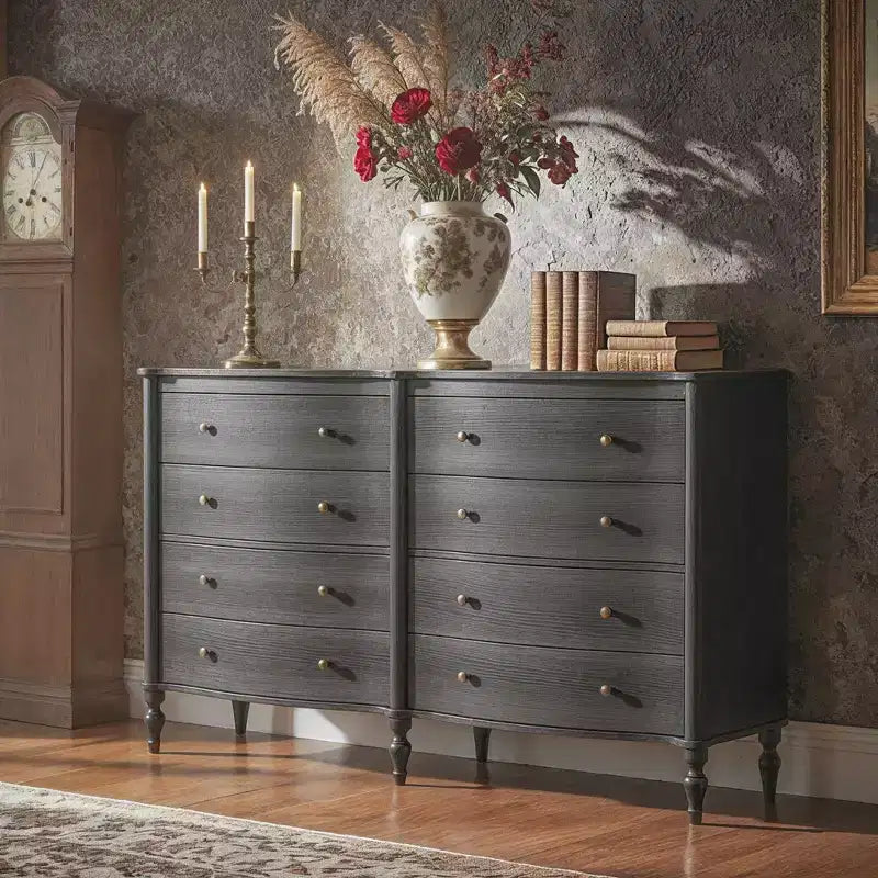 Commode vintage Homsee noire/chêne clair à façade incurvée avec 8 tiroirs, commode de chambre de luxe avec boutons en bronze, table de toilette