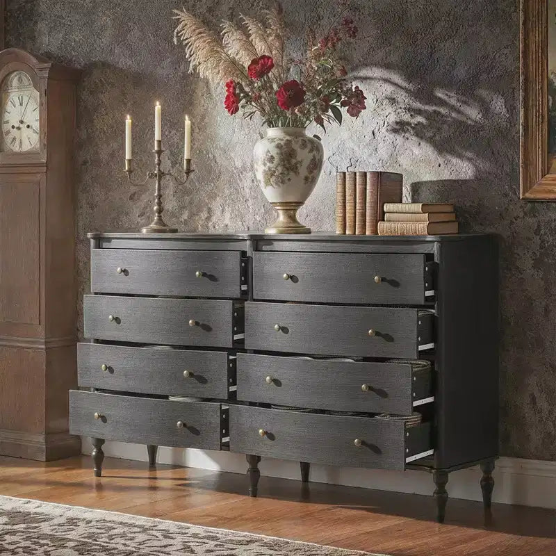 Commode vintage Homsee noire/chêne clair à façade incurvée avec 8 tiroirs, commode de chambre de luxe avec boutons en bronze, table de toilette