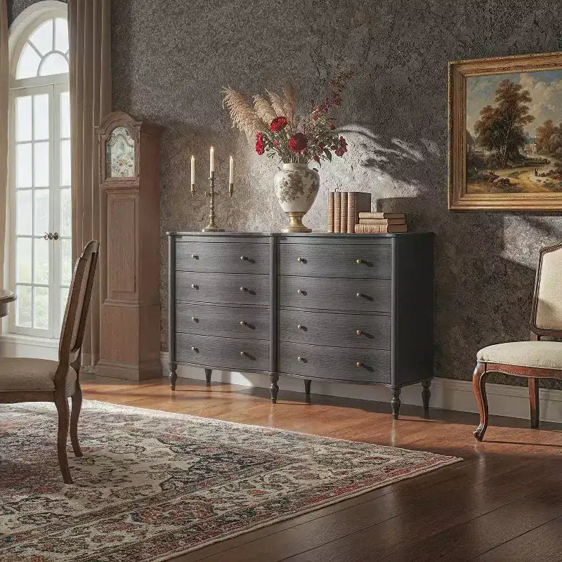 Commode vintage Homsee noire/chêne clair à façade incurvée avec 8 tiroirs, commode de chambre de luxe avec boutons en bronze, table de toilette