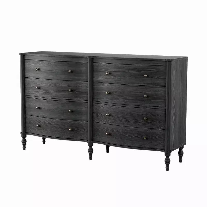 Commode vintage Homsee noire/chêne clair à façade incurvée avec 8 tiroirs, commode de chambre de luxe avec boutons en bronze, table de toilette