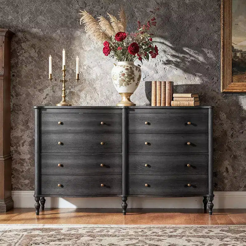 Commode vintage Homsee noire/chêne clair à façade incurvée avec 8 tiroirs, commode de chambre de luxe avec boutons en bronze, table de toilette