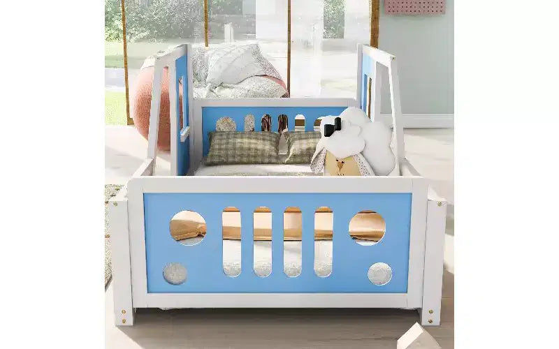 Lit de sol TUYOHW jumeau, Cadre de lit plateforme classique en forme de voiture avec roues décoratives et portes latérales, Lit enfant en bois de pin robuste, Lit pour tout-petits
