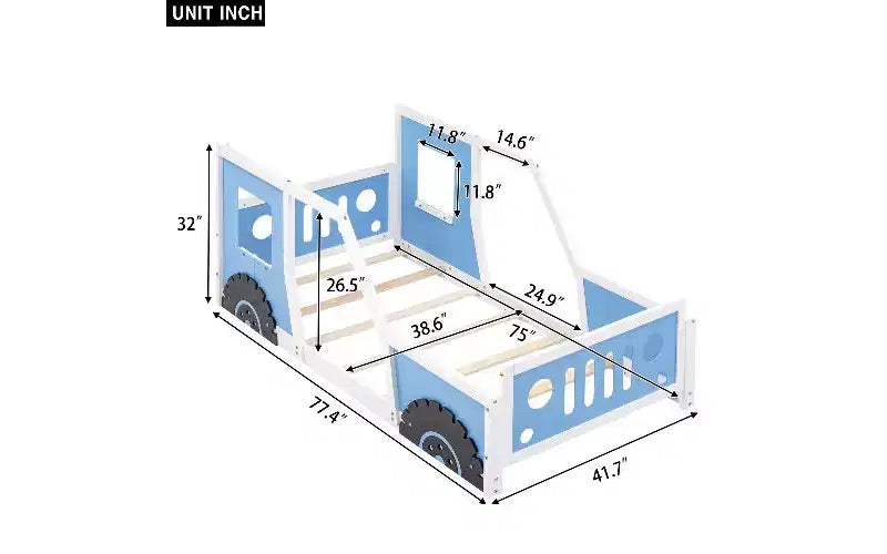 Lit de sol TUYOHW jumeau, Cadre de lit plateforme classique en forme de voiture avec roues décoratives et portes latérales, Lit enfant en bois de pin robuste, Lit pour tout-petits