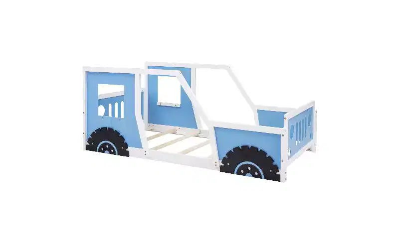 Lit de sol TUYOHW jumeau, Cadre de lit plateforme classique en forme de voiture avec roues décoratives et portes latérales, Lit enfant en bois de pin robuste, Lit pour tout-petits