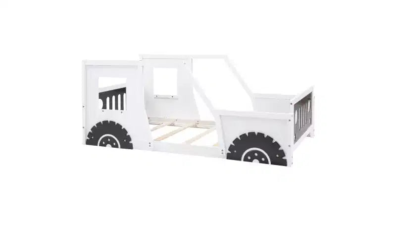 Lit de sol TUYOHW jumeau, Cadre de lit plateforme classique en forme de voiture avec roues décoratives et portes latérales, Lit enfant en bois de pin robuste, Lit pour tout-petits