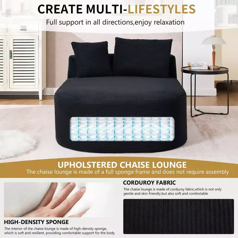 Chaise longue surdimensionnée en velours côtelé avec assise large de 117 cm, canapé-lit confortable avec oreillers pour salon ou chambre à coucher-Panipeachy