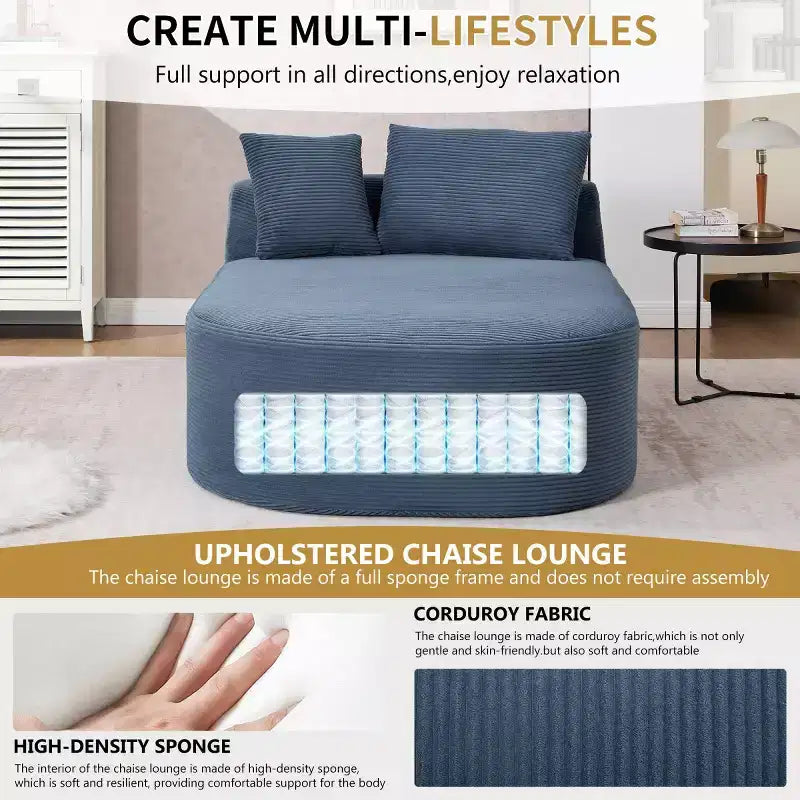 Chaise longue surdimensionnée en velours côtelé avec assise large de 117 cm, canapé-lit confortable avec oreillers pour salon ou chambre à coucher-Panipeachy