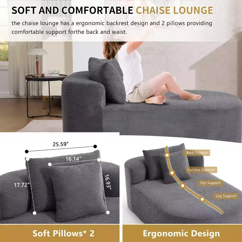 Chaise longue surdimensionnée en velours côtelé avec assise large de 117 cm, canapé-lit confortable avec oreillers pour salon ou chambre à coucher-Panipeachy